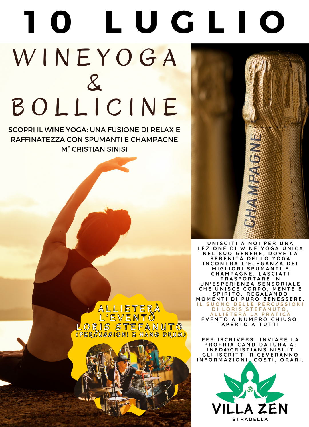 wine yoga - champagne di cristian sinisi, villa zen stradella